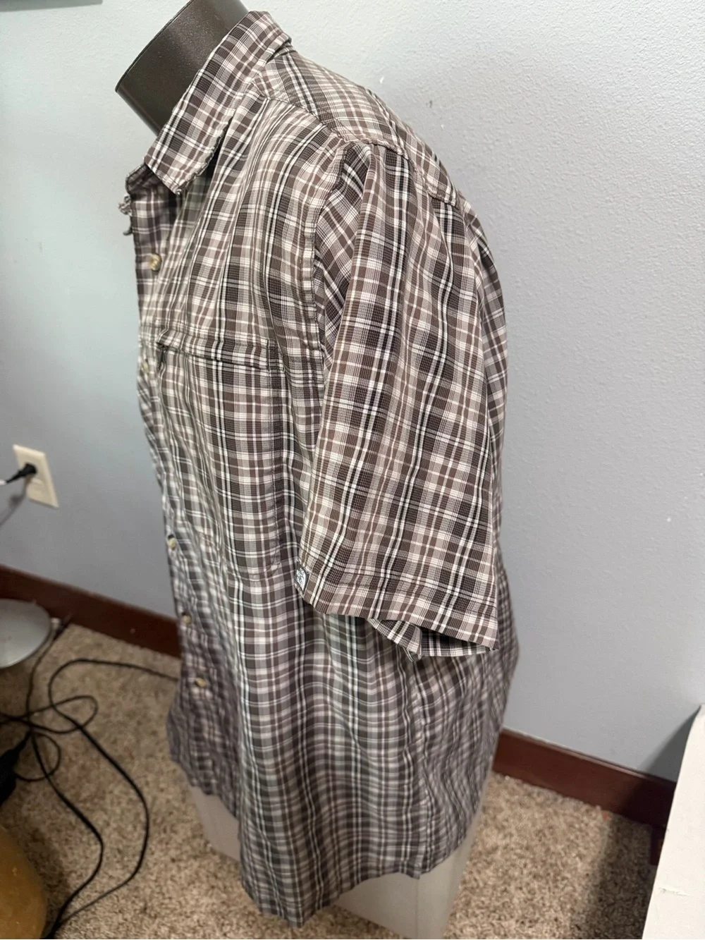 The North Face Men's Brown and White Plaid Short-Sleeve Button-Down Shirt